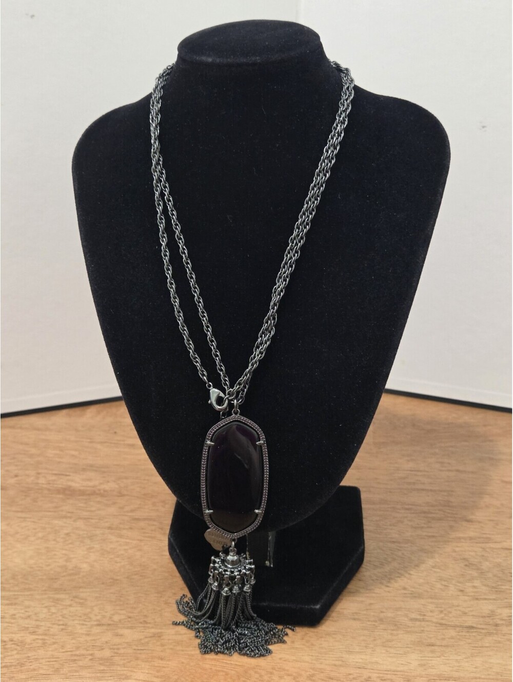 Kendra Scott Rayne Gunmetal Black Stone Long Tassel Pendant Necklace 30"